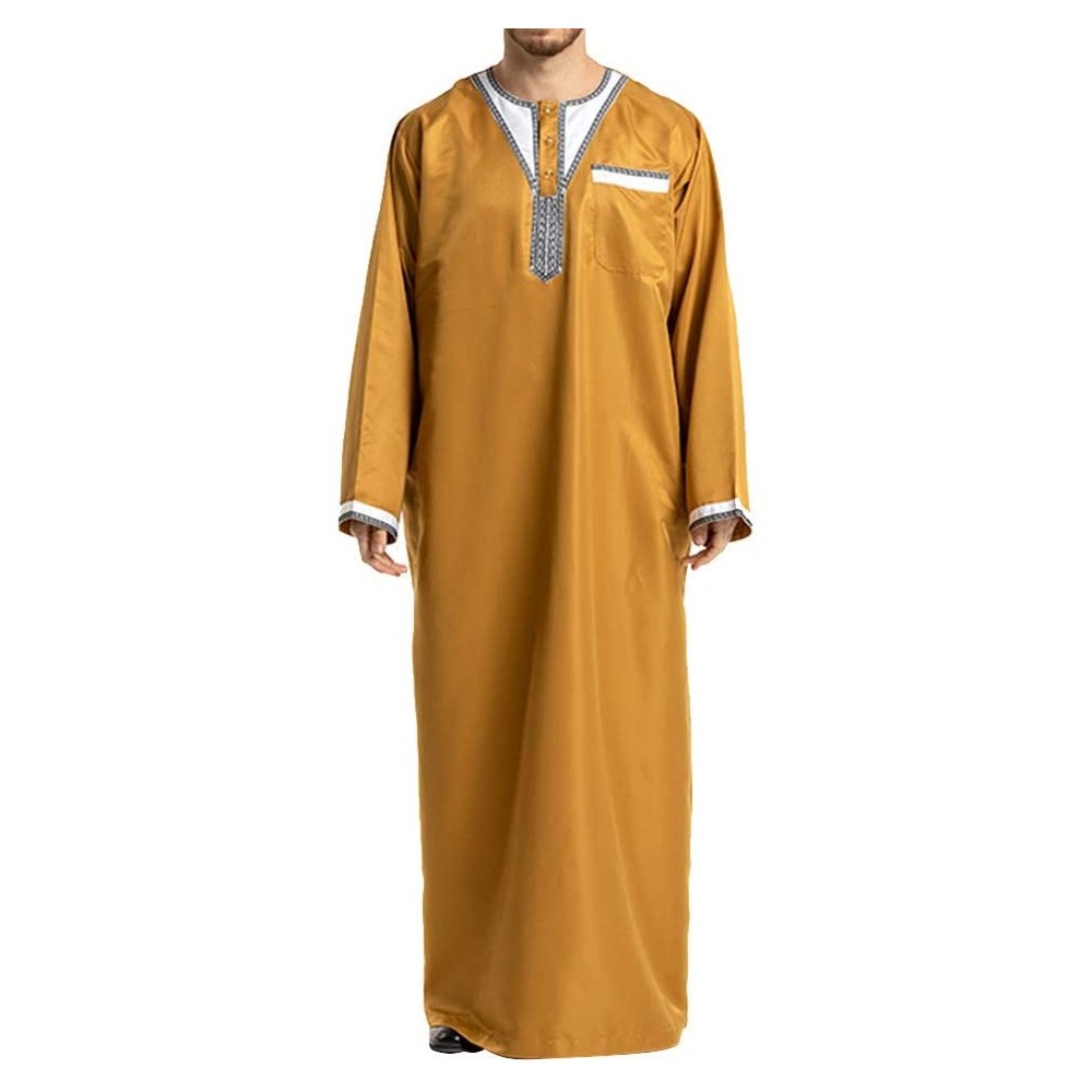 Robes Men's Islamic Thobe Round Collar Splicing Long Sleeve Arab Muslim Wear Robe Clothes Size XXL (Yellow) - CN18SXMHRLI