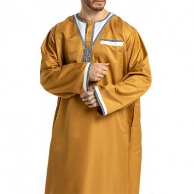 Robes Men's Islamic Thobe Round Collar Splicing Long Sleeve Arab Muslim Wear Robe Clothes Size XXL (Yellow) - CN18SXMHRLI