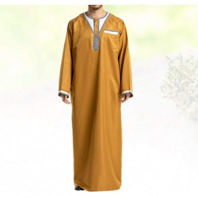 Robes Men's Islamic Thobe Round Collar Splicing Long Sleeve Arab Muslim Wear Robe Clothes Size XXL (Yellow) - CN18SXMHRLI