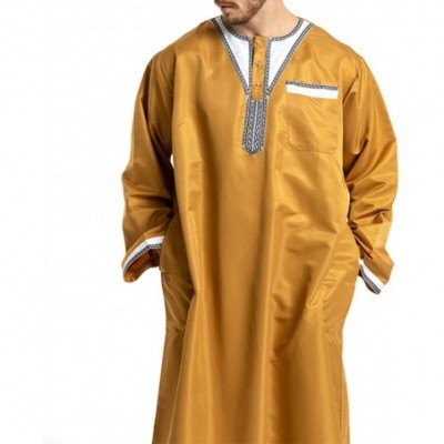 Robes Men's Islamic Thobe Round Collar Splicing Long Sleeve Arab Muslim Wear Robe Clothes Size XXL (Yellow) - CN18SXMHRLI