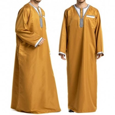 Robes Men's Islamic Thobe Round Collar Splicing Long Sleeve Arab Muslim Wear Robe Clothes Size XXL (Yellow) - CN18SXMHRLI