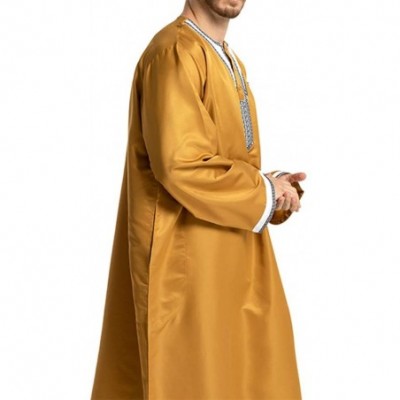 Robes Men's Islamic Thobe Round Collar Splicing Long Sleeve Arab Muslim Wear Robe Clothes Size XXL (Yellow) - CN18SXMHRLI