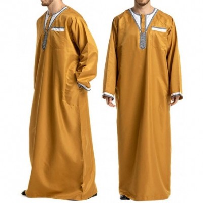 Robes Men's Islamic Thobe Round Collar Splicing Long Sleeve Arab Muslim Wear Robe Clothes Size XXL (Yellow) - CN18SXMHRLI