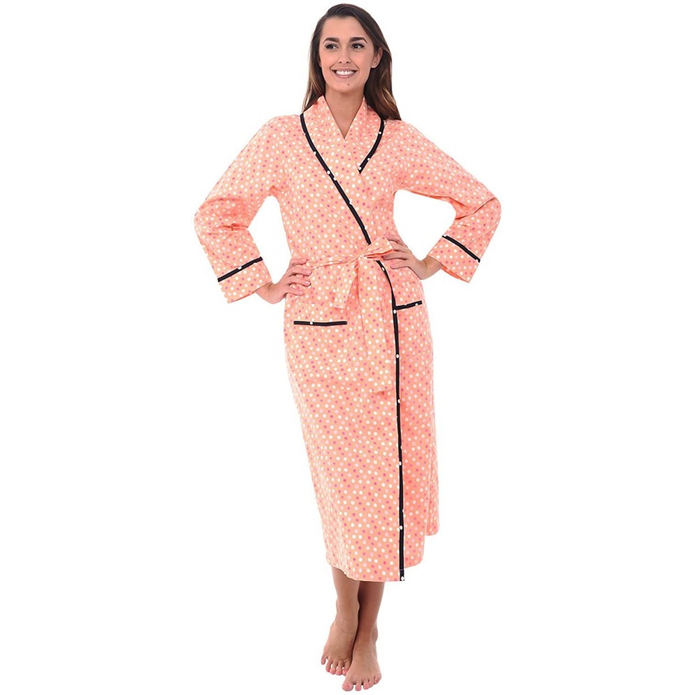 Robes Women's Lightweight Cotton Kimono Robe- Summer Bathrobe - Pink and White Polka Dot With Black Dot Piping - CD12LV2BZYR