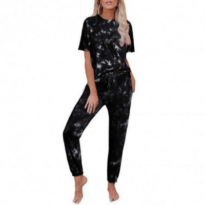 Sets Womens Tie Dye Printed Long Sleeve Pajamas Set Soft Top and Pants Pockets Set Nightwear Sleepwear Loungewear D Black - C...