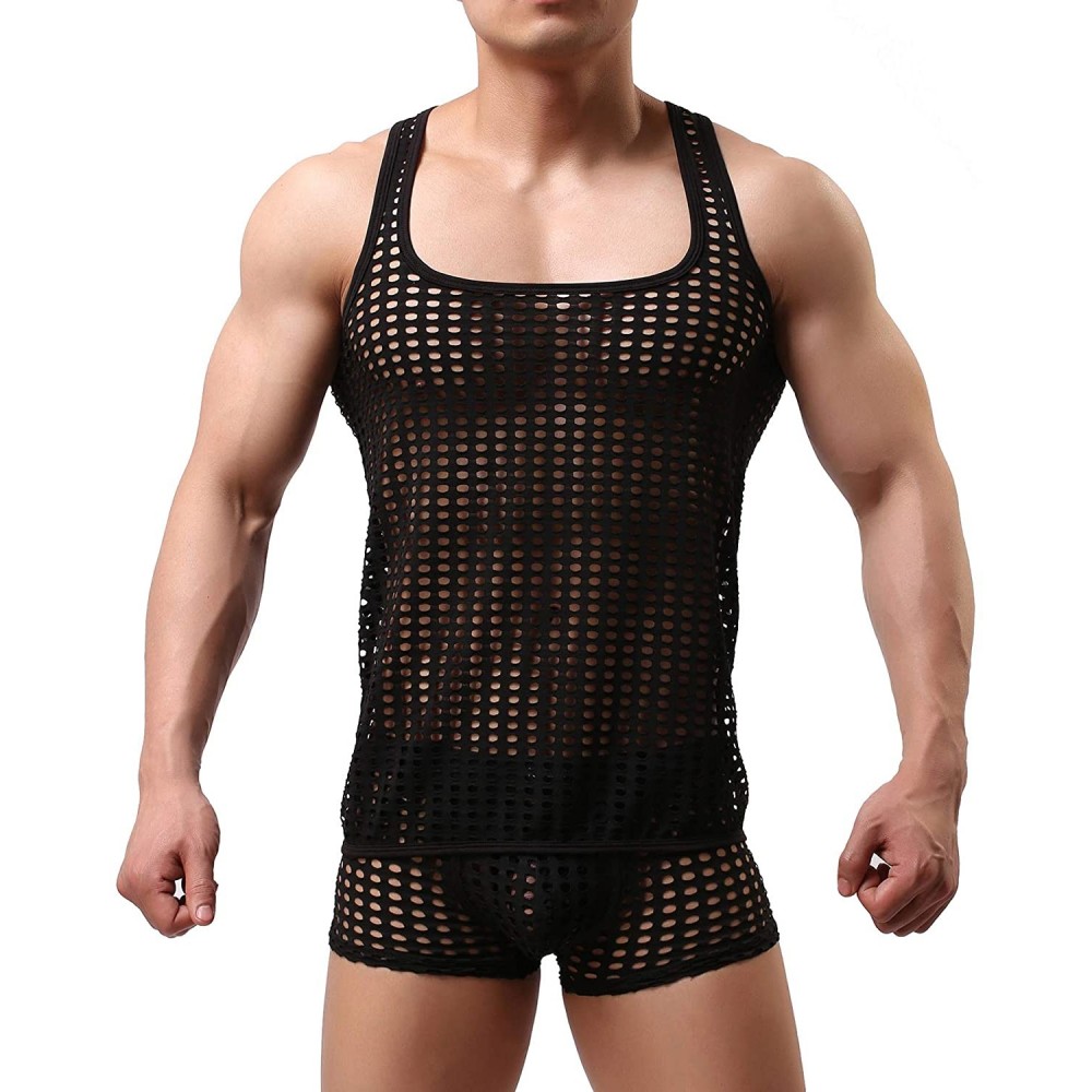 Undershirts Men's Mesh See Through Muscle Fishnet Tank Top - Black - C312NDXAD1I