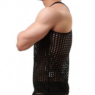 Undershirts Men's Mesh See Through Muscle Fishnet Tank Top - Black - C312NDXAD1I