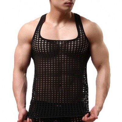 Undershirts Men's Mesh See Through Muscle Fishnet Tank Top - Black - C312NDXAD1I