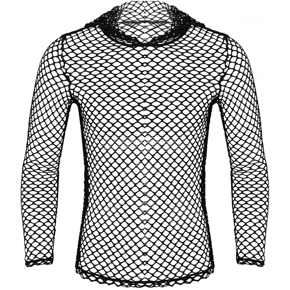 Undershirts Men's See Through Fishnet Mesh Clubwear Short Sleeve T-Shirt Sport Tank Undershirt - Hoodie Fishnet Black - C618G...