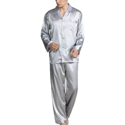 Sleep Sets Men Imitation Silk Pajama Set Print Shirt Long Pants Sleepwear Nightwear - Silver Grey - C0196ETW7LK