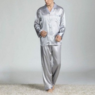 Sleep Sets Men Imitation Silk Pajama Set Print Shirt Long Pants Sleepwear Nightwear - Silver Grey - C0196ETW7LK