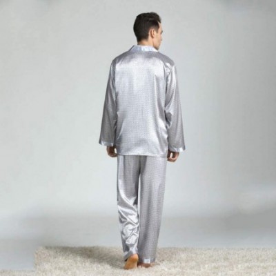 Sleep Sets Men Imitation Silk Pajama Set Print Shirt Long Pants Sleepwear Nightwear - Silver Grey - C0196ETW7LK