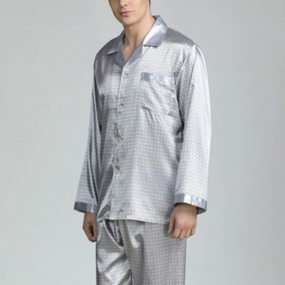 Sleep Sets Men Imitation Silk Pajama Set Print Shirt Long Pants Sleepwear Nightwear - Silver Grey - C0196ETW7LK