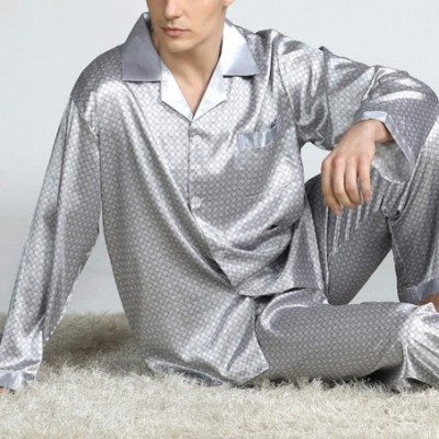 Sleep Sets Men Imitation Silk Pajama Set Print Shirt Long Pants Sleepwear Nightwear - Silver Grey - C0196ETW7LK