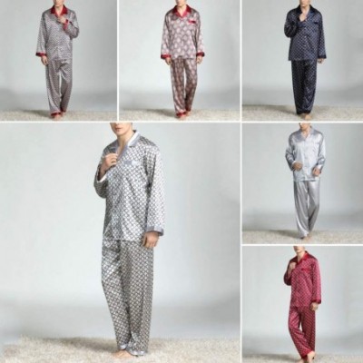 Sleep Sets Men Imitation Silk Pajama Set Print Shirt Long Pants Sleepwear Nightwear - Silver Grey - C0196ETW7LK