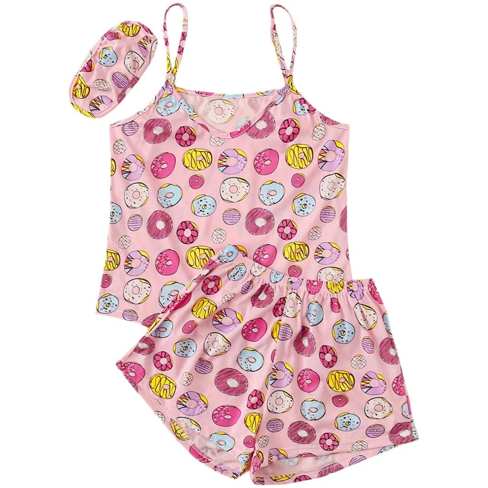 Sets Women's Women's Cartoon Print Cami Top and Shorts Pajama Set with Eye Mask - Pink-2 - CO19DU0IDWX