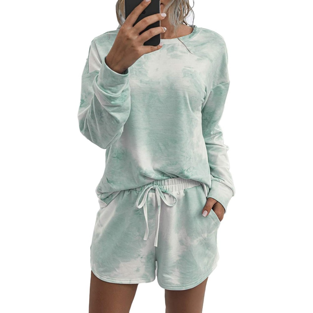 Sets Women 2 Piece Outfits Off Shoulder Long Sleeve Casual Sweatsuits - Shorts-1turquoise - C8199MHA55K