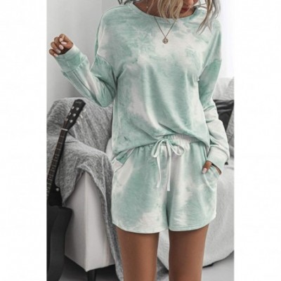 Sets Women 2 Piece Outfits Off Shoulder Long Sleeve Casual Sweatsuits - Shorts-1turquoise - C8199MHA55K