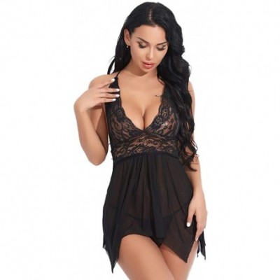 Thermal Underwear Women Lace Lingerie Front Split Babydoll V Neck Nightwear Sexy Chemise Nightie Mesh Sleepwear - Black - C91...