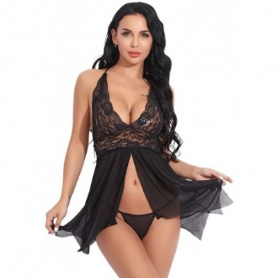 Thermal Underwear Women Lace Lingerie Front Split Babydoll V Neck Nightwear Sexy Chemise Nightie Mesh Sleepwear - Black - C91...