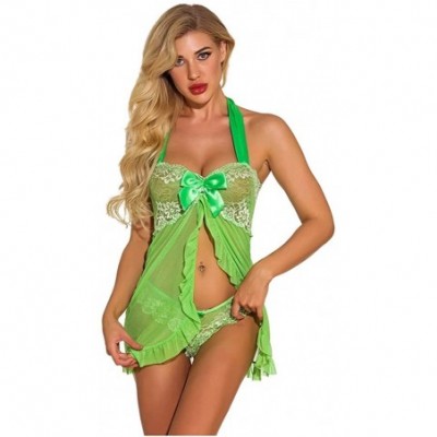 Baby Dolls & Chemises Women Lace Lingerie Mesh Chemise V Neck Babydoll Bridal Nightdress - Green - CL197EESOEE