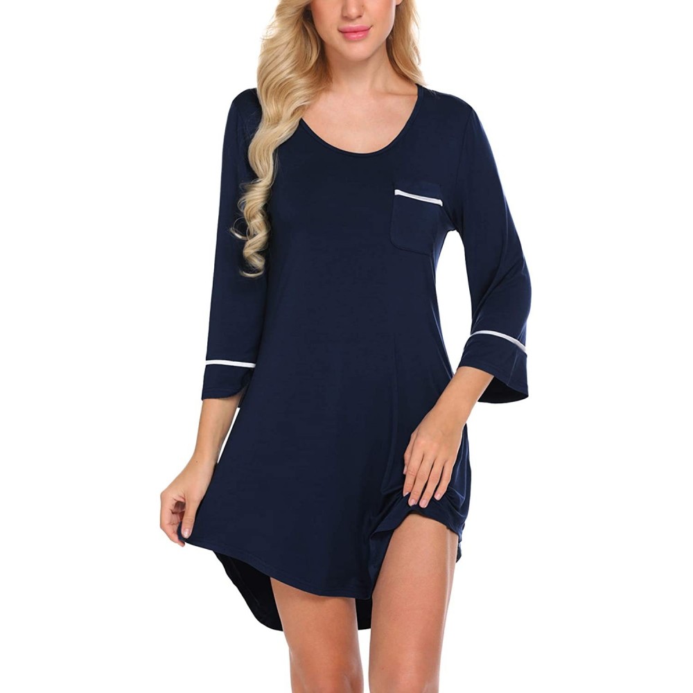 Nightgowns & Sleepshirts Women's Sleepshirt 3/4 Sleeves Nightgown Sexy Nightshirts Boyfriend Sleepwear - Navy Blue - CS192EEE8ZQ