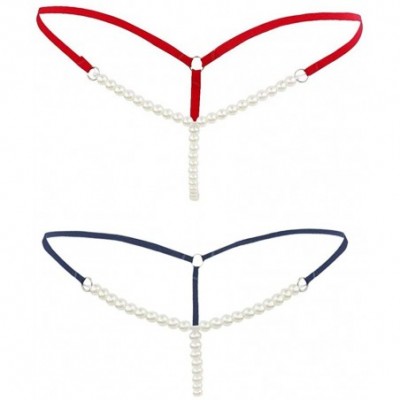 Panties Women's Sexy Low Rise Pearl Y-Back G-String Thong - Red + Blue - C418WQQYRLW