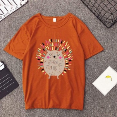 Thermal Underwear Women Short Sleeve T-Shirt Cute Hedgehog Print Crew Neck Blouse Basic Tank Tops - Khaki - CA1940KIYSY