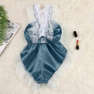 Nightgowns & Sleepshirts Women V-Neck Lace Sexy Satin Camisole Pajamas Bodysuit - Green - C01979O9GE8