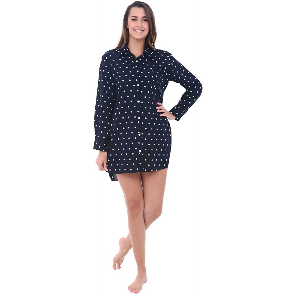 Tops Womens Woven Cotton Sleep Shirt- Button Down Nightshirt - Black and White Polka Dot - CA12LV2HMAR