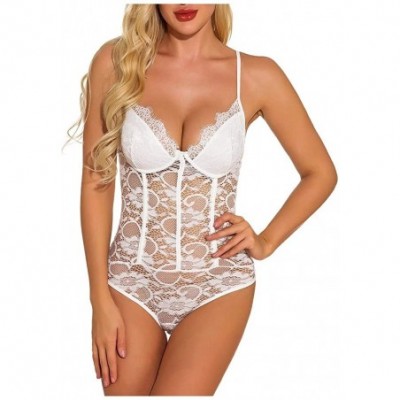 Baby Dolls & Chemises Sexy Lace Lingerie Underwear Women Deep-V Babydoll Underwear Hollowed Out Sleepwear Bodysuit - White - ...