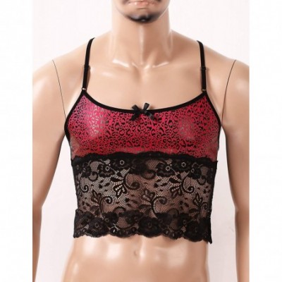 Undershirts Mens Sissy Lace Leopard Criss Cross Back Camisole Tank Vest Crop Top Shirt Blouses Lingerie - Red - C619CQGAWTA