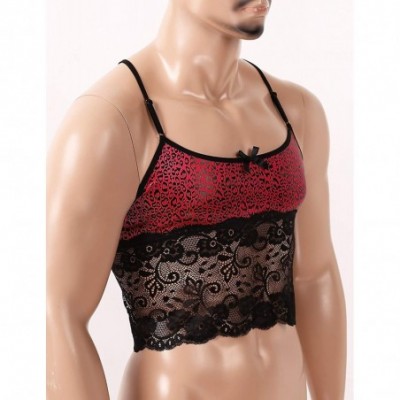 Undershirts Mens Sissy Lace Leopard Criss Cross Back Camisole Tank Vest Crop Top Shirt Blouses Lingerie - Red - C619CQGAWTA