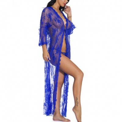 Robes Women Lace Lingerie Robe Kimono Nightgown Sheer Mesh Swimsuit Cover Ups - Blue - CR19753OD00