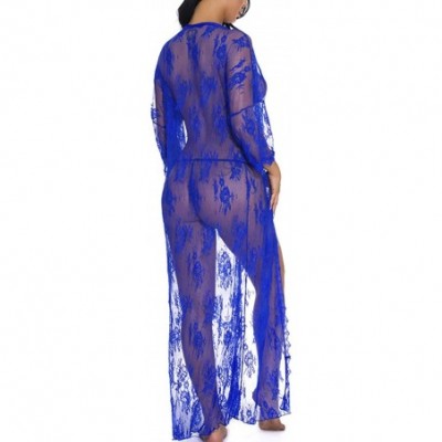 Robes Women Lace Lingerie Robe Kimono Nightgown Sheer Mesh Swimsuit Cover Ups - Blue - CR19753OD00