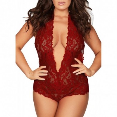 Baby Dolls & Chemises Plus Size Lingerie for Women Sexy Backless Deep-V Plunging One Piece Lace Teddy Bodysuit - Wine Red - C...