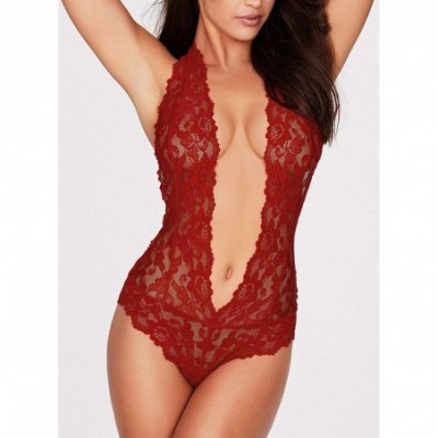 Baby Dolls & Chemises Plus Size Lingerie for Women Sexy Backless Deep-V Plunging One Piece Lace Teddy Bodysuit - Wine Red - C...