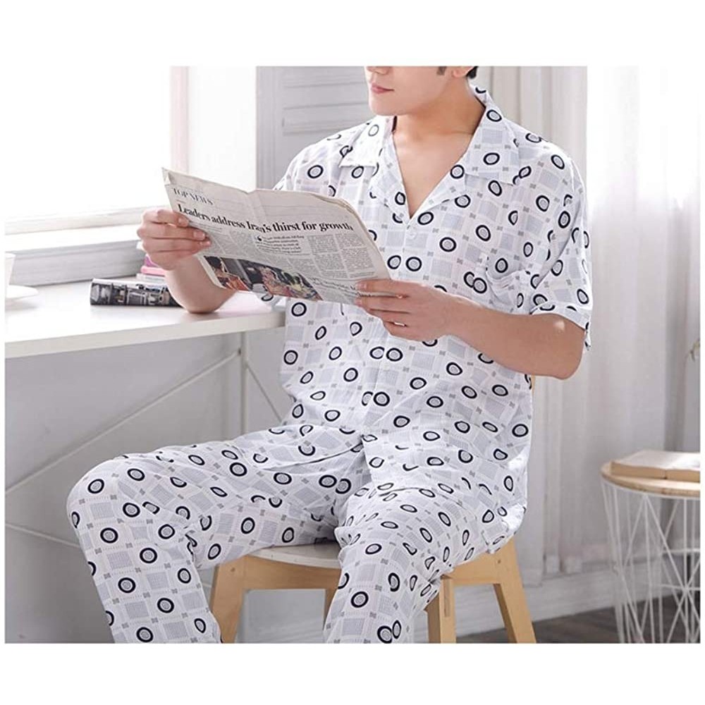 Sleep Sets Pajama Men Long Sleeve Cotton Plaid Nightwear Sleepwear Pyjamas Plus Size XXXL - White-bottom-circle - CZ18S5OO9AD