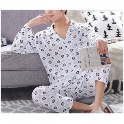 Sleep Sets Pajama Men Long Sleeve Cotton Plaid Nightwear Sleepwear Pyjamas Plus Size XXXL - White-bottom-circle - CZ18S5OO9AD