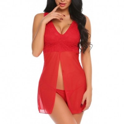 Baby Dolls & Chemises Women Nightwear Lace Babydoll Strap Chemise Halter Lingerie With G-String - Red - CI189X6SGX4