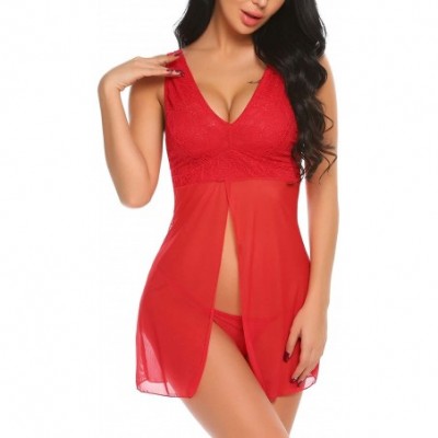 Baby Dolls & Chemises Women Nightwear Lace Babydoll Strap Chemise Halter Lingerie With G-String - Red - CI189X6SGX4