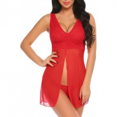 Baby Dolls & Chemises Women Nightwear Lace Babydoll Strap Chemise Halter Lingerie With G-String - Red - CI189X6SGX4