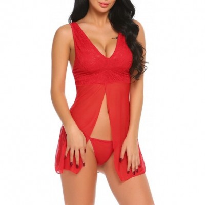 Baby Dolls & Chemises Women Nightwear Lace Babydoll Strap Chemise Halter Lingerie With G-String - Red - CI189X6SGX4