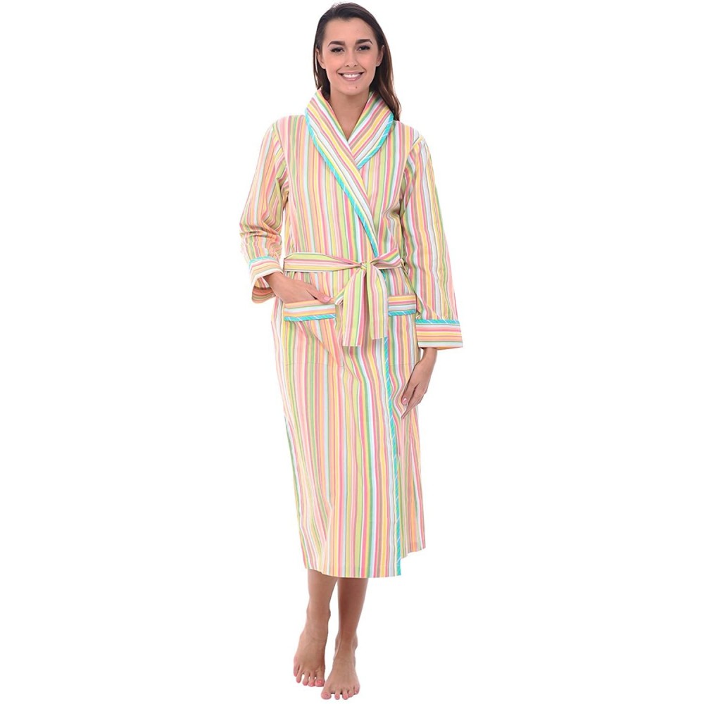 Robes Women's Lightweight Cotton Kimono Robe- Summer Bathrobe - Green Pastel Striped With Mint Striped Piping - C012LV2BPY7