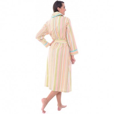 Robes Women's Lightweight Cotton Kimono Robe- Summer Bathrobe - Green Pastel Striped With Mint Striped Piping - C012LV2BPY7