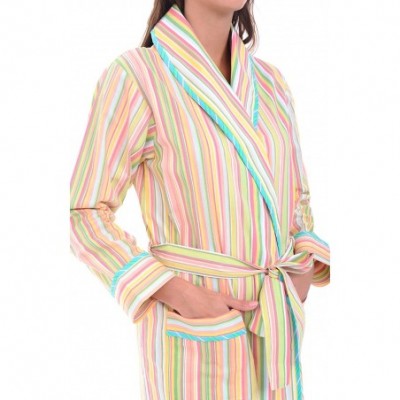 Robes Women's Lightweight Cotton Kimono Robe- Summer Bathrobe - Green Pastel Striped With Mint Striped Piping - C012LV2BPY7