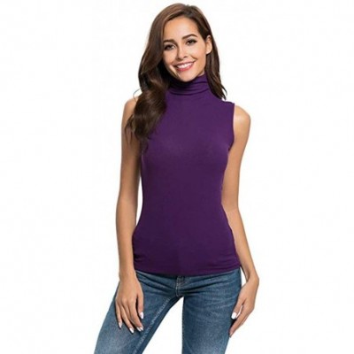 Thermal Underwear Women's V-Neck Waffle Knit Solid Color Tank Loose Sleeveless Henley Tunic Tops - A-purple - CC1954O3IME