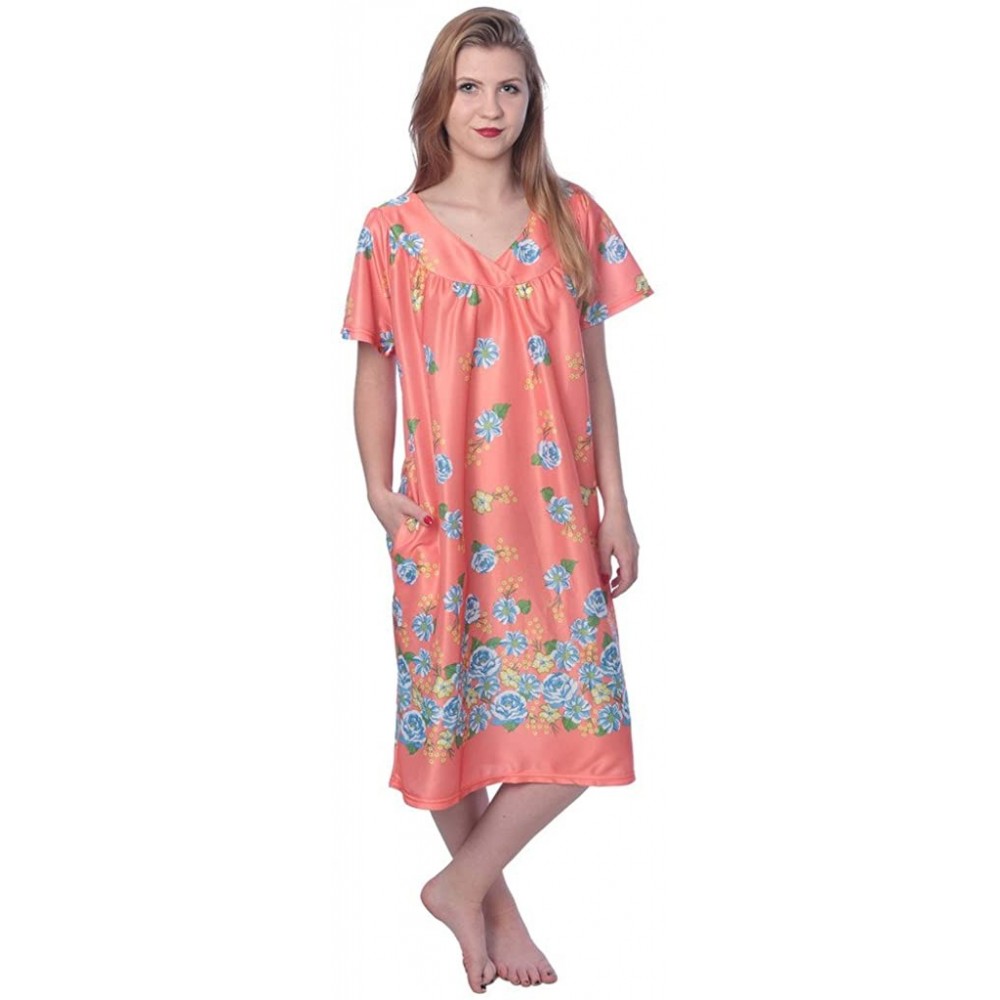 Nightgowns & Sleepshirts Women's Short Sleeve Housecoat Floral Duster Nightgown - Peach With Beautiful Prints - CX18EIUSZ3K