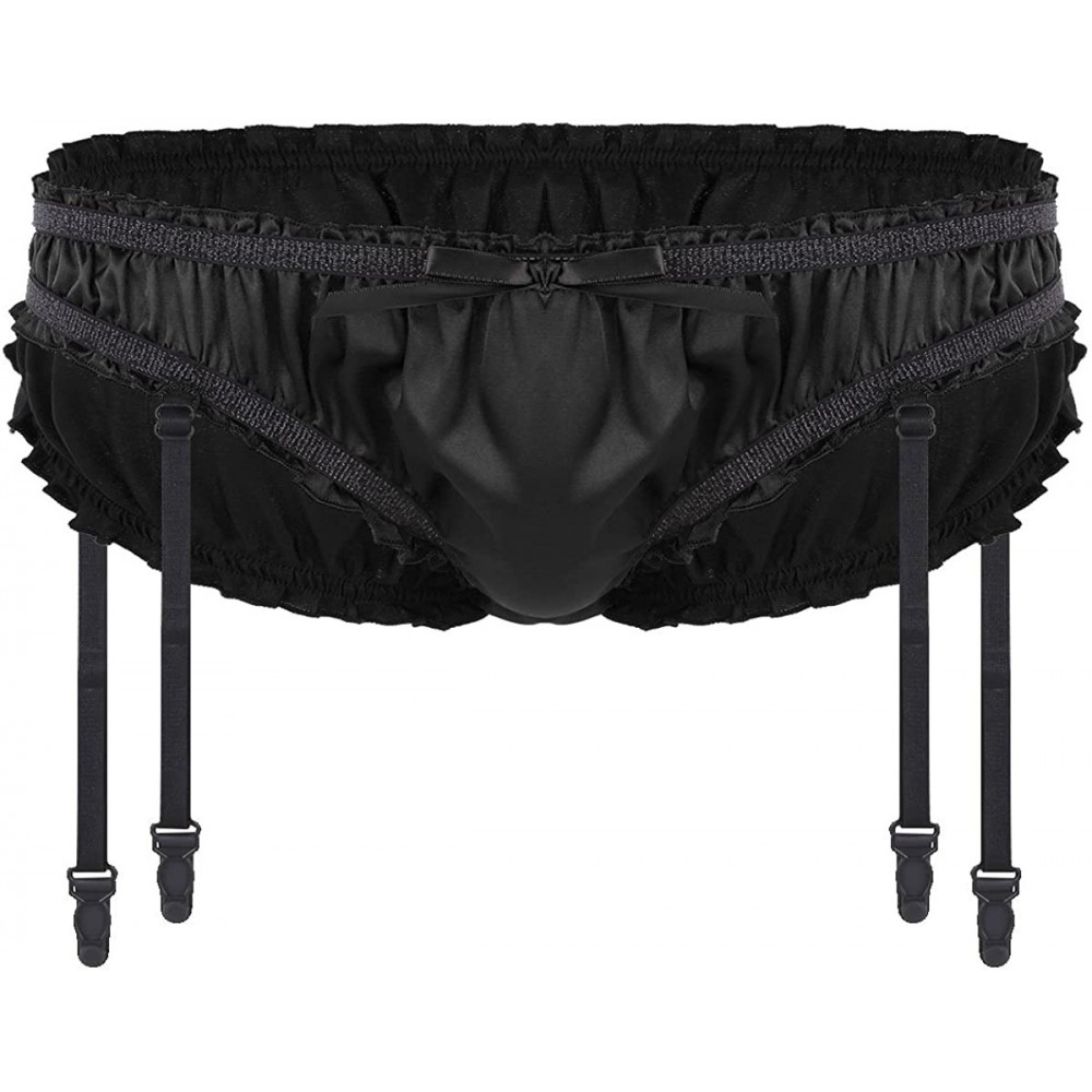 Briefs Men's Satin Ruffled Flutter Lined Triangle Briefs Sissy Pouch Panties with Plastic Garters - Black - CI18EIHW76C