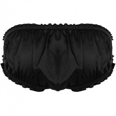 Briefs Men's Satin Ruffled Flutter Lined Triangle Briefs Sissy Pouch Panties with Plastic Garters - Black - CI18EIHW76C